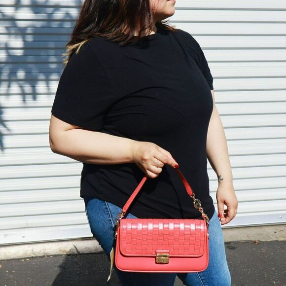 NWT MICHAEL Kors Bradshaw Woven Leather Convertible Shoulder Bag Light Berry Sor - Picture 3 of 14